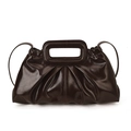 Dark brown pleated leather handbag with cutout handle and thin shoulder strap - Brown