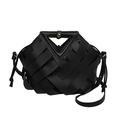 Borsa a secchiello in pelle intrecciata nera con manico a triangolo e tracolla - Nero