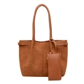 Large brown suede tote bag with adjustable straps and matching zipper pouch for women - Yellow Brown