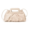 Chic cream ruched handbag with unique rectangular cutout handle and thin strap - White