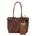 Brown suede tote bag with matching leather pouch, minimalist retro shoulder bag design - Brown