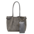 Large dark grey suede tote bag with matching zippered pouch and long shoulder straps - Gray