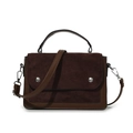 Borsa a tracolla patchwork marrone con patta in camoscio caffè e bottoni argento - Marrone