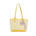 Retro large yellow tote bag with textured finish, bear charm and ribbon for women - Yellow