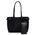 Minimalist large black suede tote bag with matching zippered pouch and adjustable straps - Black