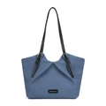 Blue canvas tote bag with black leather straps and pleated design for women - Blue