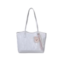 Silver-grey tote bag with crinkled texture, fashion text and plush bear charm - Silver