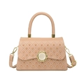 Quilted light pink handbag with pearl studs and gold buckle detail shown in front view - Khaki