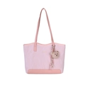 Pink pleated leather tote bag with brown plush bear charm and fashion logo print - Pink