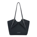 Minimalist black tote bag with V-shaped pleats and adjustable faux leather straps - Black