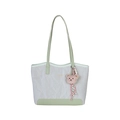 Minimalist light grey tote bag with green handles and pink bear charm detail - Green