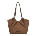 Brown canvas tote bag with pleated design and adjustable leather shoulder strap - Khaki