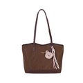 Dark brown textured tote bag with a pink plush bear charm and pleated finish - Brown