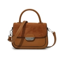 Brown patchwork saddle bag with suede flap, silver lock and top handle for women - Brown
