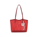 Retro red large tote bag with wrinkled texture and cute pink bear keychain - Red