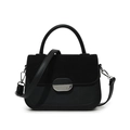 Elegant black saddle bag with textured flap, silver hardware, and detachable shoulder strap - Black