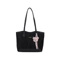 Retro black tote bag for women featuring a plush bear pendant and gold logo detail - Black