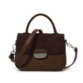 Brown leather saddle bag with dark coffee suede flap and silver hardware detailing - Coffee