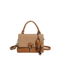 Retro brown crossbody handbag with woven texture flap and metallic ring buckle closure - Brown