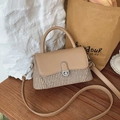 Retro woven patchwork handbag with leather flap and metallic twist lock for women - Khaki