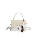 White leather and khaki woven crossbody bag with heart charm and wood beads - White