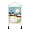 Detail of bohemian wall tapestry with desert landscape, moon, cactus and black tassels - 35x50cm / Boho Desert Moon Night Style (Style 7)