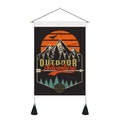 Detail of outdoor adventure wall scroll with wooden pole, black rope and twin tassels - 35x50cm / Outdoor Adventure Theme
