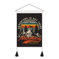 Close-up of retro adventure tapestry with wood pole, black tassels and mountain landscape - 35x50cm / Adventure Sun Theme