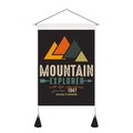 Detail of minimalist mountain explorer wall hanging with wood frame and black tassels - 35x50cm / Geometric Mountain Theme