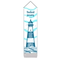 Detail of nautical tapestry showing lighthouse design and wooden hanging scrolls - 32.5x130cm / Blue White Striped Lighthouse Style (Style 5)