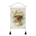 Close-up of retro skull tapestry with realistic flowers and wooden hanging rod - 35x50cm / Floral Skull Art (Style 7)