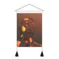 Detail of Nordic wall tapestry featuring 3D glowing low-poly face with wooden pole and tassels - 35x50cm / Sci-Fi Polygonal Glowing Head (Style 10)