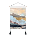 Détail d'une tapisserie nordique avec paysage montagneux, tige en bois et glands noirs - 35x50cm / Montagnes Superposées avec Soleil Bleu Pâle (Style 3)