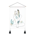 Detail of minimalist line art scroll tapestry with wooden rod and black silk tassels - 35x50cm / Floral Fusion Seated Woman (Style 13)