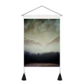 Detail of Nordic mountain landscape wall tapestry with wooden rod and black tassels - 35x50cm / Cloudy Snow Mountain Forest Birds (Style 7)