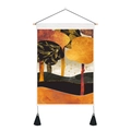 Detail of Nordic abstract tapestry showing autumn forest art with wood pole and tassels - 35x50cm / Orange Gold Autumn Forest (Style 11)