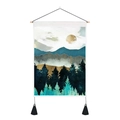 Detail of modern abstract tapestry featuring gold sun over blue mountains and black tassels - 35x50cm / Overlaid Blue Green Gold Mountains (Style 6)