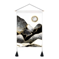 Detail of modern marble landscape wall tapestry with wooden rod and black tassels - 35x50cm / Black White Gray Gold Grid (Style 22)