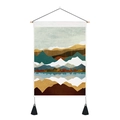 Close-up of abstract mountain landscape tapestry with black tassels and wooden hanging rod - 35x50cm / Abstract Landform and Water Reflection (Style 14)