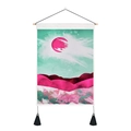Close-up of fabric texture and black tassel details on marble landscape tapestry - 35x50cm / Rose Red Sun and Cyan Sky (Style 12)