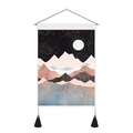 Detail of wall tapestry featuring abstract sunrise, gold foil moon and black tassels - 35x50cm / Starry Night Pink Brown Mountains (Style 24)