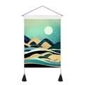 Detail of modern mountain landscape tapestry with wooden pole and black tassels - 35x50cm / Blue Green Overlaid Mountains (Style 19)