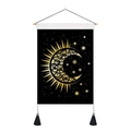 Tapisserie bohème avec imprimé lune et étoiles dorées sur toile noire avec pompons - Œil de Lune (Style 11) / 35x50cm