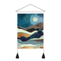 Detail of abstract landscape tapestry with gold leaf texture, wooden rod, and black tassels - 35x50cm / Layered Mountains and Moon Painting (Style 17)
