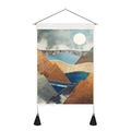 Detail of abstract mountain sunrise tapestry with wood rod and black tassel accents - 35x50cm / Blue Gold Artistic Mountain Painting (Style 16)