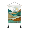 Detail of modern abstract landscape tapestry with mountain peaks and golden sun - 35x50cm / Dark Green Blue Gold Mountains (Style 14)