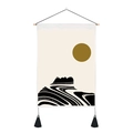 Detail of Nordic wall tapestry featuring minimalist abstract sun and wave on beige canvas - 35x50cm / Abstract Sun Mountain (Style 3)