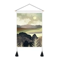 Modern sunrise landscape tapestry with mountain silhouette and wooden hanging frame - 35x50cm / Abstract Natural Landscape Painting (Style 15)