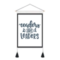 Detail of nordic fabric wall hanging with readers ARE LEADERS text and black tassels - 35x50cm / readers ARE LEADERS (Style 6)