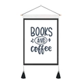 Detail of wall hanging with Books and Coffee text, wooden rod and black tassel decor - 35x50cm / BOOKS AND COFFEE (Style 15)